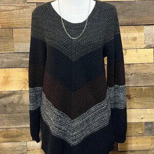 Apt. 9 Scoop Neck Long Sleeve Striped Gray Navy and Maroon Knit Sweater Medium